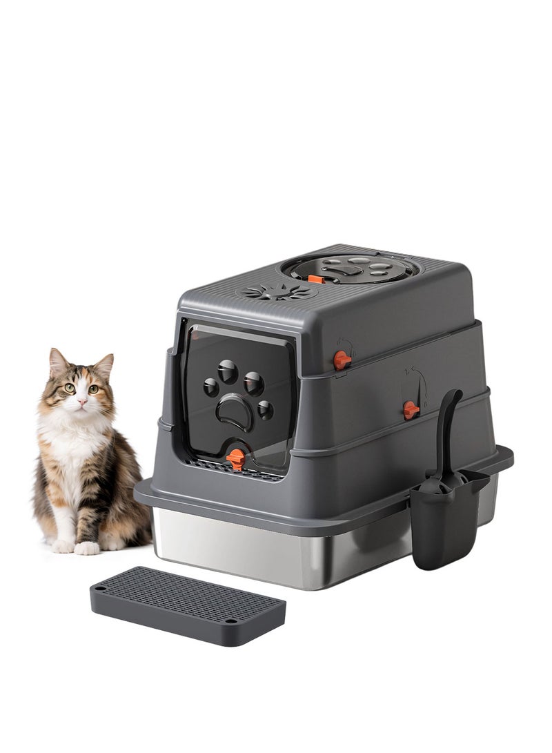 Kidle Large Fully Enclosed Stainless Steel Cat Litter Box with Litter Scoop Cat Toilet Cat Litter Tray High Wall Side Shell Non-Sticky Anti Splashing and Easy Clean 35*50*38cm - Image 1
