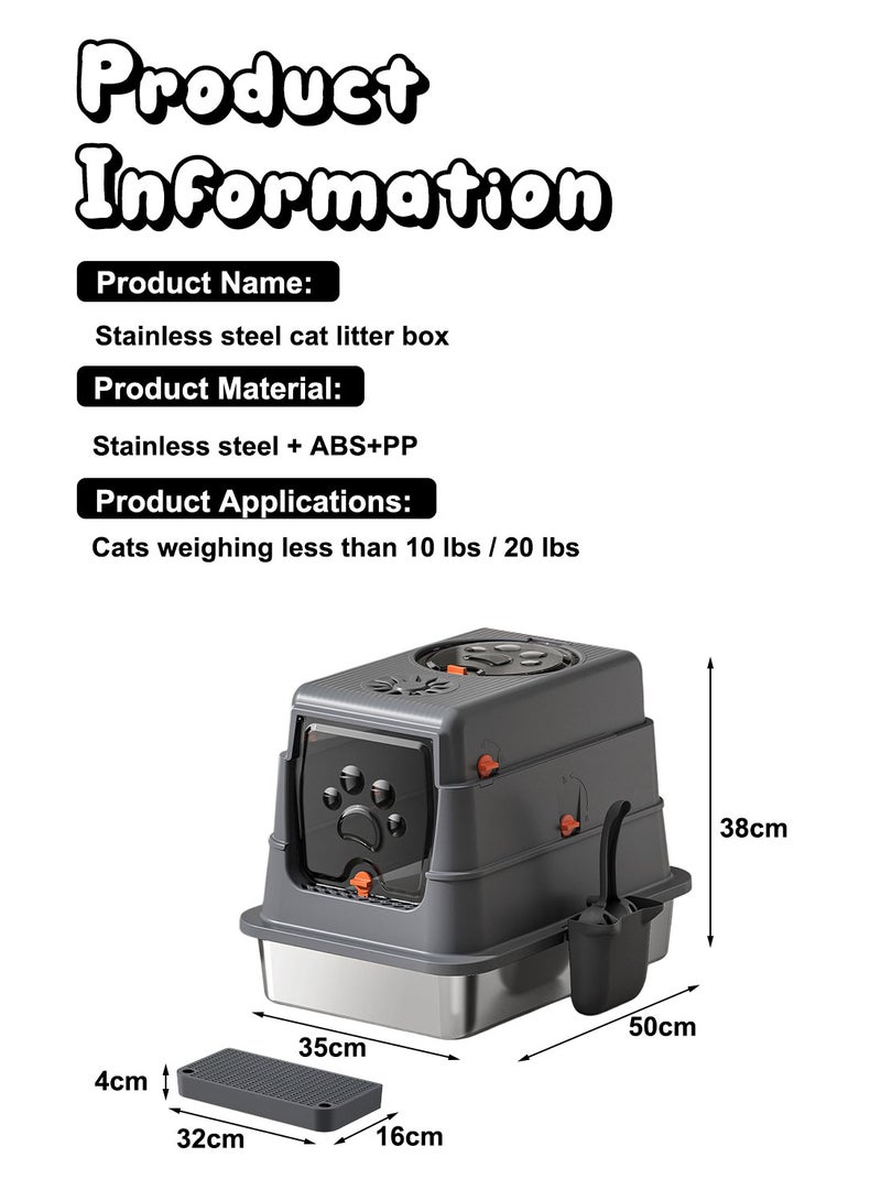 Kidle Large Fully Enclosed Stainless Steel Cat Litter Box with Litter Scoop Cat Toilet Cat Litter Tray High Wall Side Shell Non-Sticky Anti Splashing and Easy Clean 35*50*38cm - Image 5