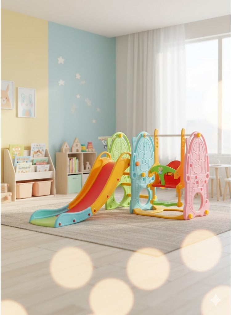 فول جوي مجموعة زحليقة وأرجوحة مع حلقة كرة سلة وموسيقي 4*1 للأطفال،مجموعة ملعب داخلي وخارجي للأطفال الصغار،مجموعة ألعاب متسلقة للأطفال - Image 4