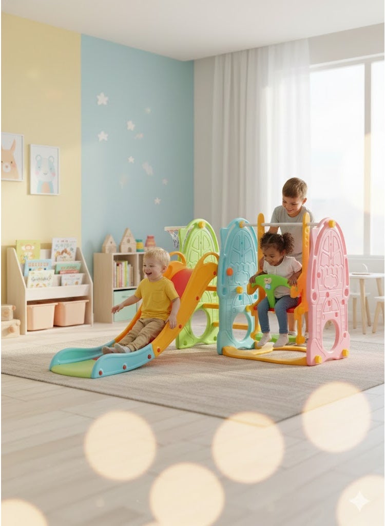 فول جوي مجموعة زحليقة وأرجوحة مع حلقة كرة سلة وموسيقي 4*1 للأطفال،مجموعة ملعب داخلي وخارجي للأطفال الصغار،مجموعة ألعاب متسلقة للأطفال - Image 5