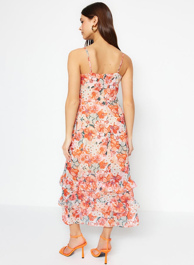 trendyol Multicolored Floral Patterned A-Line Ruffle Detailed Midi Lined Chiffon Woven Dress - Image 5