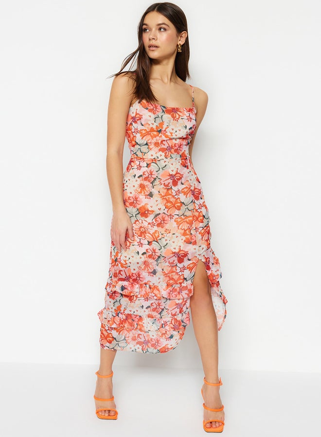 trendyol Multicolored Floral Patterned A-Line Ruffle Detailed Midi Lined Chiffon Woven Dress - Image 1