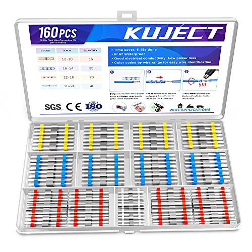 Kuject 160PCS Solder Seal Wire Connectors Kit, Waterproof Solderless Heat Shrink Butt Terminal Insulated Electrical Butt Splice for Automotive Marine Boat Wire Joint - Image 1