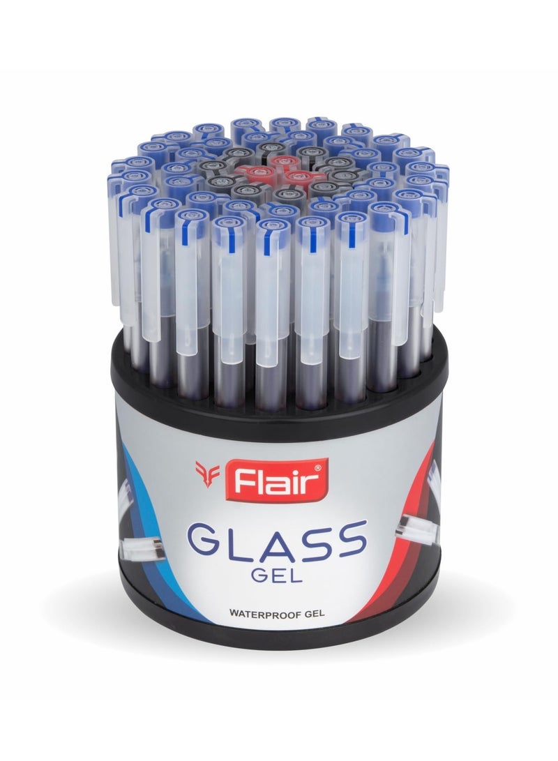 Flair FLAIR Glass 0.6mm Gel Pen Stand | Transparent Glass Design With Soft Rubber Grip | Waterproof Low-Viscosity Ink For Smudge Free Writing | Blue, Black & Red Ink, Pack of 50 Pens - Image 1