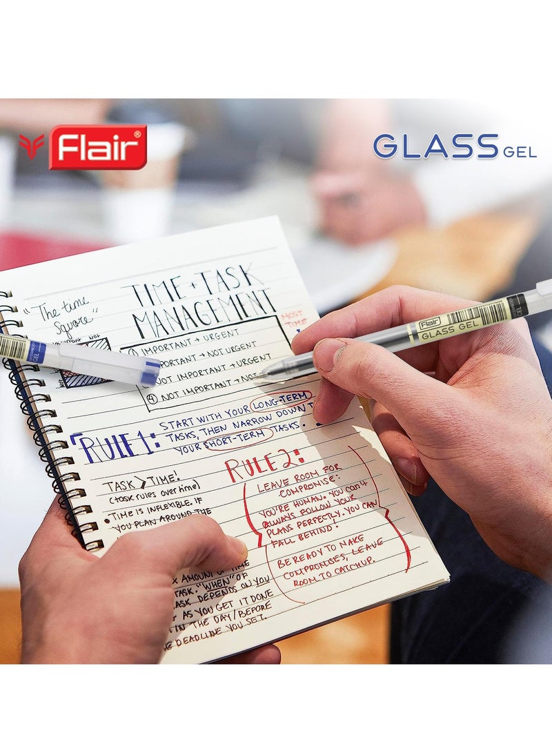 Flair FLAIR Glass 0.6mm Gel Pen Stand | Transparent Glass Design With Soft Rubber Grip | Waterproof Low-Viscosity Ink For Smudge Free Writing | Blue, Black & Red Ink, Pack of 50 Pens - Image 5