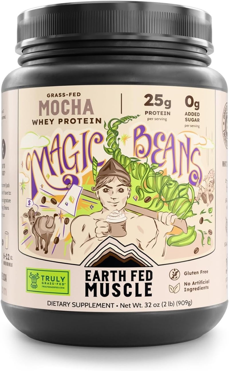 Earth Fed Muscle Magic Beans Mocha Truly Grass Fed Whey Protein Powder  No Artificial Ingredients Soy Free Gluten Free NonGMO and Hormone Free 2 Pound 29 Servings Mocha - Image 1