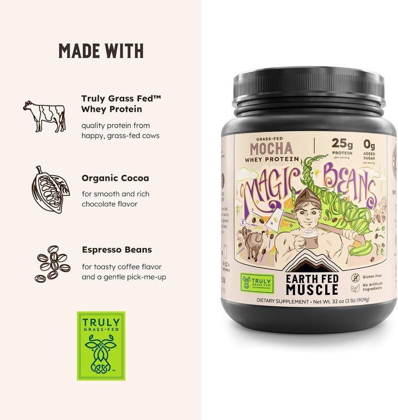 Earth Fed Muscle Magic Beans Mocha Truly Grass Fed Whey Protein Powder  No Artificial Ingredients Soy Free Gluten Free NonGMO and Hormone Free 2 Pound 29 Servings Mocha - Image 3