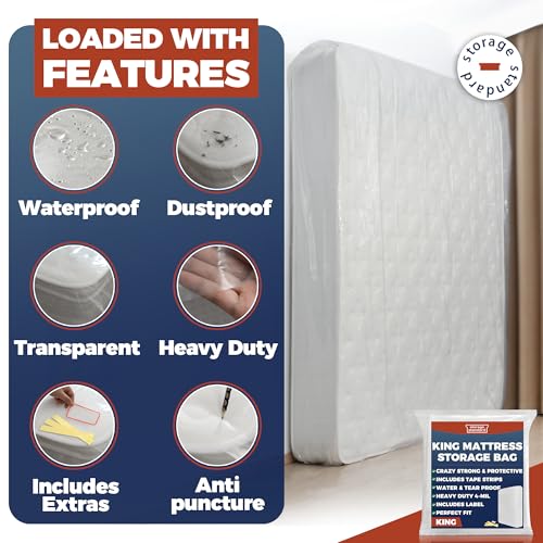 Storage Standard King Mattress Bags for Moving & Storage – Heavy Duty Thick 4mil Reusable Mattress Storage Bag, Waterproof Plastic Mattress Cover for Moving - Fits King Size Bed - 1 Clear Bag, 100 x 80 x 15 Inches - Image 3