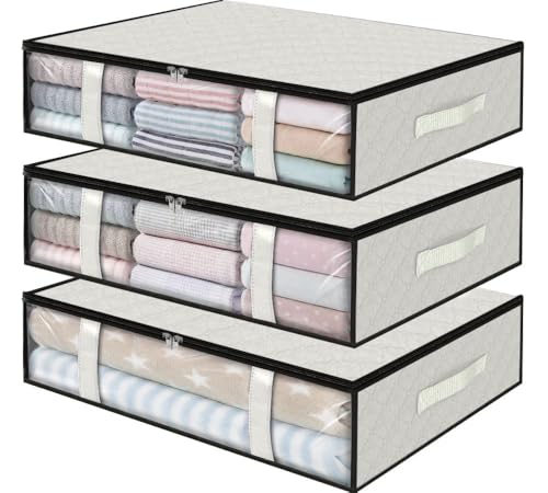 StorageRight Under Bed Storage Bags 3 Pack 40L Large Clothes Comforter Storage Containers with Clear Window Breathable Fabric Organizer for Blankets Bedding Seasonal Clothing White - Image 1