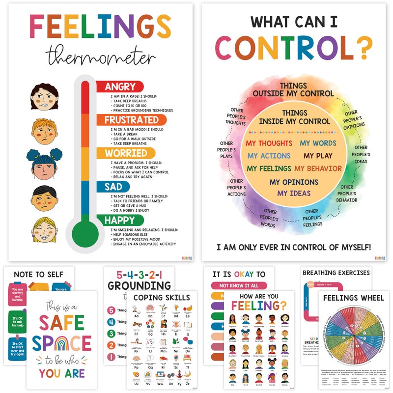 BEAWART 10 Mental Health Posters For Kids (10"x14") Therapy Office Decor, Feeling Wheel Poster, What Can I Control, Emotions Chart Kids Inspirational Wall Art, Classroom School Counselor Psychologist Decor - Image 1