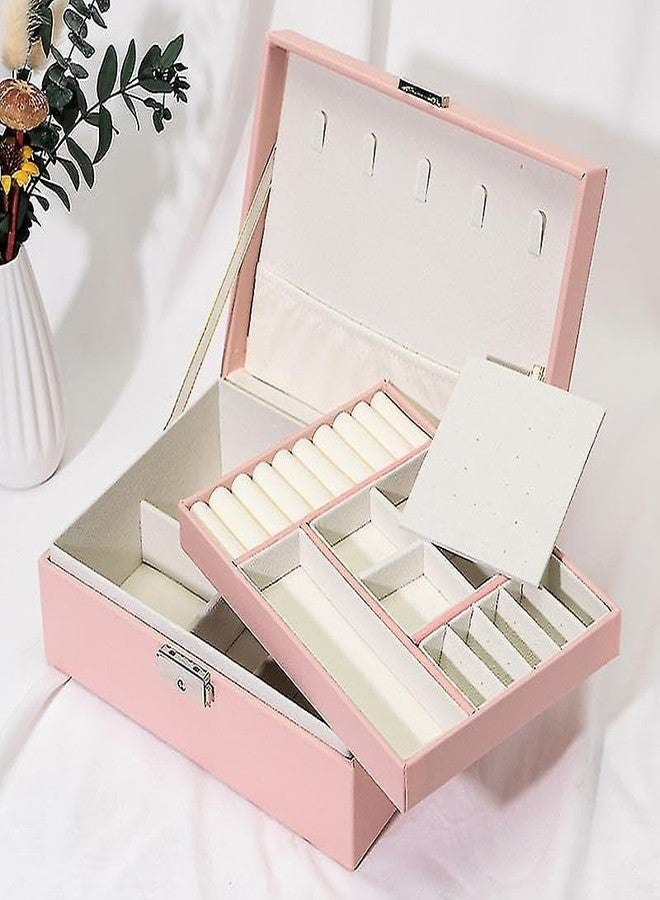 LDG WARE Jewellery Organizer Pink 2 Layer PU-Leather Box Storage Cases and Removable Tray for Necklace, Earrings, Rings, Bracelets, Bangles for Women Girls - Image 1