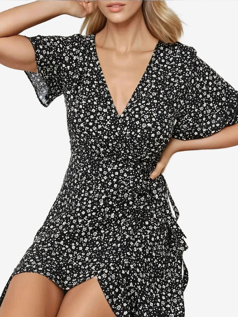 HICCUP Ditsy Flower Pattern V-Neck Viscose Mini Dress