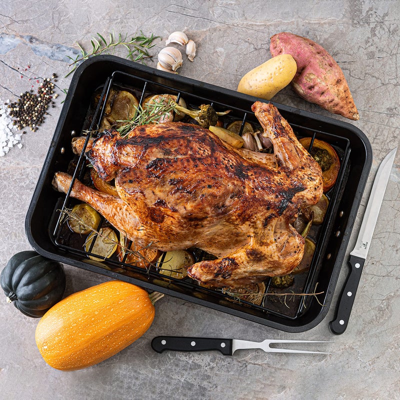 Moss & Stone Carbon Steel Roaster Pan With â€œVâ€ Shape Removable Roasting Rack Set, 16.5 Inch Rectangular Nonstick Roasting Pan, Turkey Roaster Pan Rack With Carving Fork & Chef Knife - Image 4