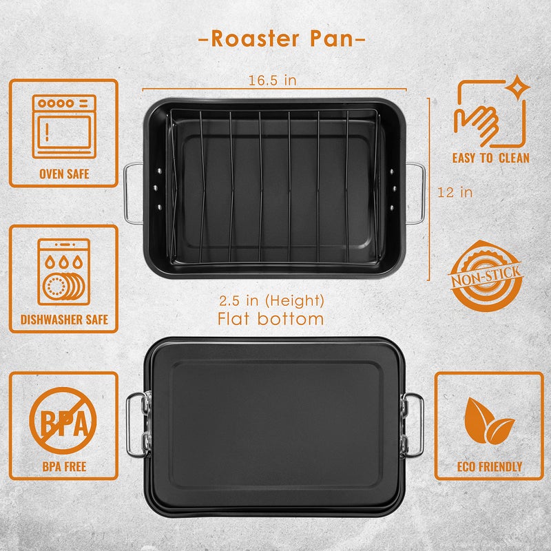 Moss & Stone Carbon Steel Roaster Pan With â€œVâ€ Shape Removable Roasting Rack Set, 16.5 Inch Rectangular Nonstick Roasting Pan, Turkey Roaster Pan Rack With Carving Fork & Chef Knife - Image 2