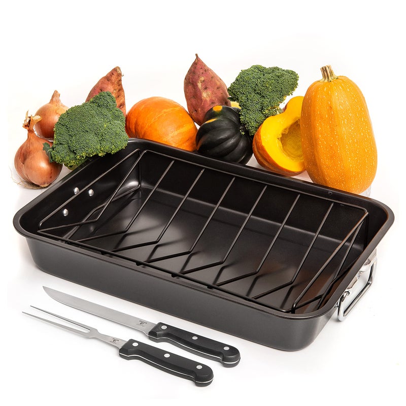 Moss & Stone Carbon Steel Roaster Pan With â€œVâ€ Shape Removable Roasting Rack Set, 16.5 Inch Rectangular Nonstick Roasting Pan, Turkey Roaster Pan Rack With Carving Fork & Chef Knife - Image 1