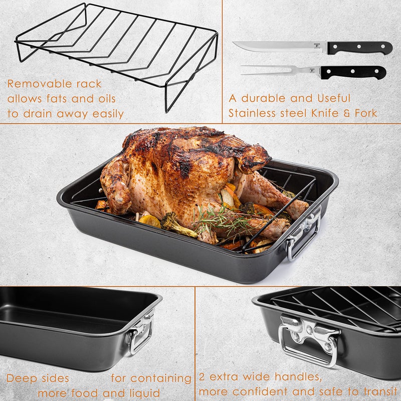 Moss & Stone Carbon Steel Roaster Pan With â€œVâ€ Shape Removable Roasting Rack Set, 16.5 Inch Rectangular Nonstick Roasting Pan, Turkey Roaster Pan Rack With Carving Fork & Chef Knife - Image 3