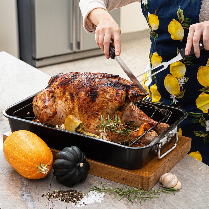 Moss & Stone Carbon Steel Roaster Pan With â€œVâ€ Shape Removable Roasting Rack Set, 16.5 Inch Rectangular Nonstick Roasting Pan, Turkey Roaster Pan Rack With Carving Fork & Chef Knife - Image 5