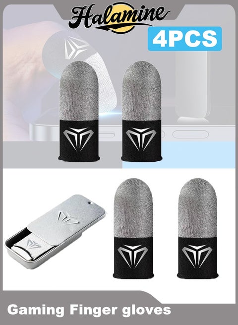 4 Pcs Gaming Finger gloves,Paired With A MetalStorage Box,Seamless Thumb Finger Sleeves for Mobile，100% Visible Silver Fibers，Gloves Finger Cover for Gaming (Silver black)