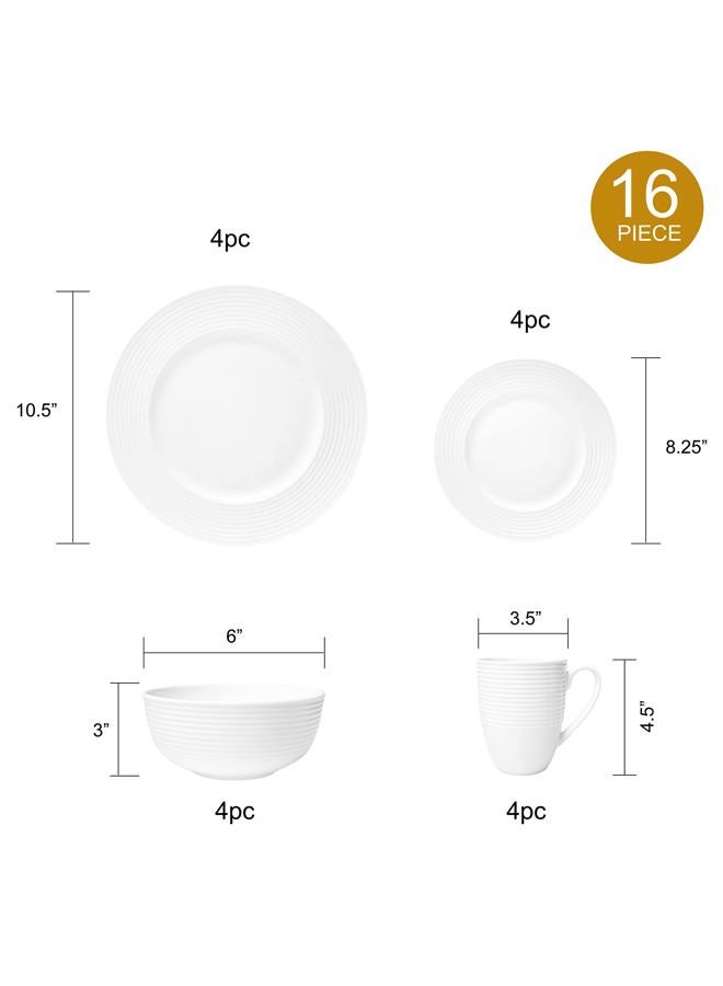 QOUTIQUE Bone China 16 Piece Dinnerware Dish Set, Service for 4, White Embossed Circle, Microwave Safe, Translucent, Elegant giftware, Essential Home, Formal and Everyday Living, Kitchen Dishes, Dinner Set - Image 3