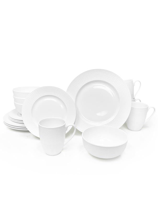 QOUTIQUE Bone China 16 Piece Dinnerware Dish Set, Service for 4, White Embossed Circle, Microwave Safe, Translucent, Elegant giftware, Essential Home, Formal and Everyday Living, Kitchen Dishes, Dinner Set - Image 1