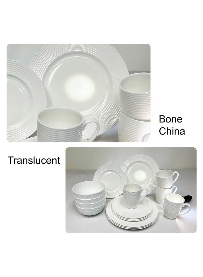 QOUTIQUE Bone China 16 Piece Dinnerware Dish Set, Service for 4, White Embossed Circle, Microwave Safe, Translucent, Elegant giftware, Essential Home, Formal and Everyday Living, Kitchen Dishes, Dinner Set - Image 4
