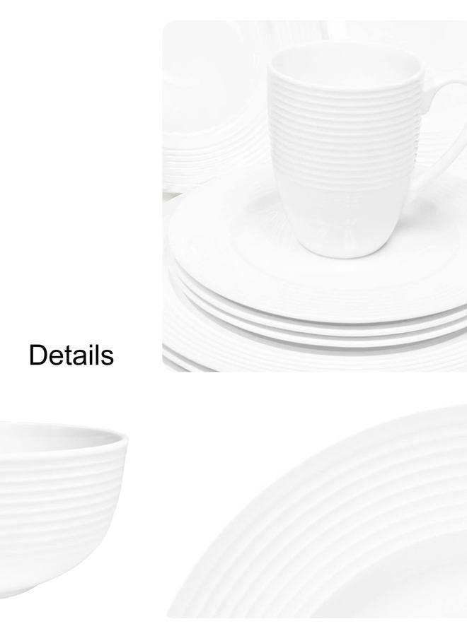 QOUTIQUE Bone China 16 Piece Dinnerware Dish Set, Service for 4, White Embossed Circle, Microwave Safe, Translucent, Elegant giftware, Essential Home, Formal and Everyday Living, Kitchen Dishes, Dinner Set - Image 2