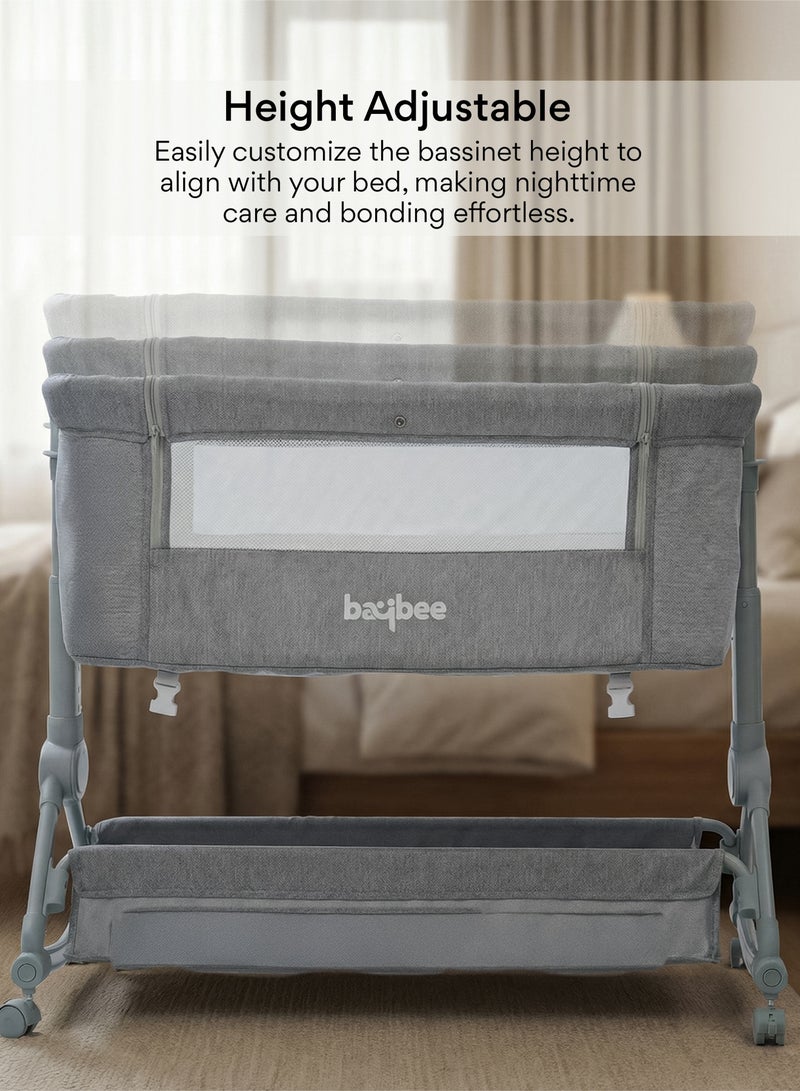 BAYBEE 3 in 1 Portable Baby Bedside Crib for Baby With Rocking Mode | Baby Bassinet for New Born with 4 Height Adjustable & Recline | Baby Cot with Mosquito Net & Storage Box | Bedside Basinet for 0 to 2 Years Boy Girl Grey - Image 1