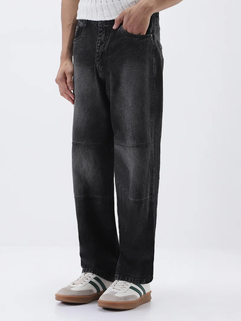Urbano Fashion Men's Black Loose Baggy Fit Cut and Sew Panelled Jeans Non-Stretchable