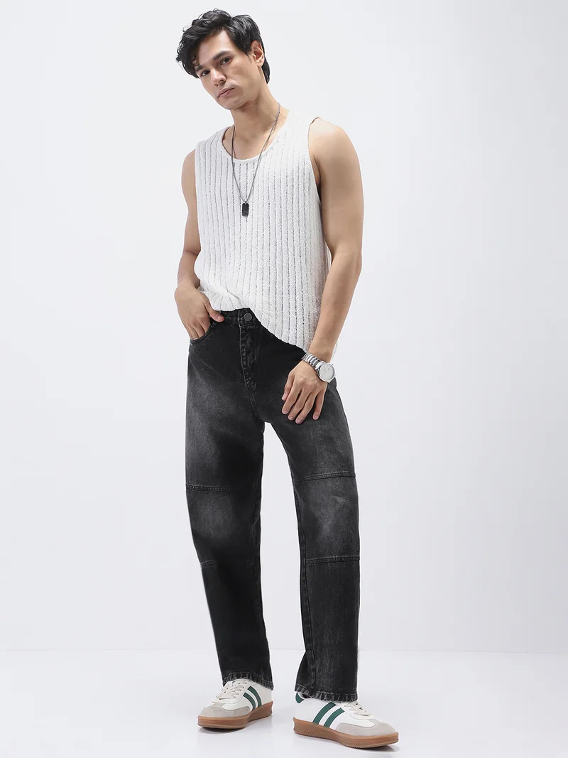 Urbano Fashion  Urbano Fashion Men's Black Loose Baggy Fit Cut and Sew Panelled Jeans Non-Stretchable for Men | Best Price UAE