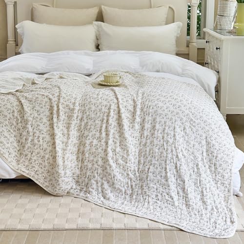 SANACYNA Muslin Blanket 100% Cotton 6-Layer Gauze Floral Bed Blanket Lightweight Soft Breathable Cooling Blanket for Sofa Couch Bed Coverlet Both Sides (Floral A, Throw 50"x60") - Image 4