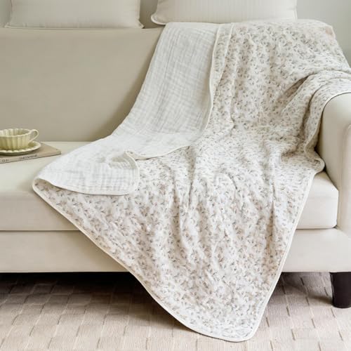 SANACYNA Muslin Blanket 100% Cotton 6-Layer Gauze Floral Bed Blanket Lightweight Soft Breathable Cooling Blanket for Sofa Couch Bed Coverlet Both Sides (Floral A, Throw 50"x60") - Image 3