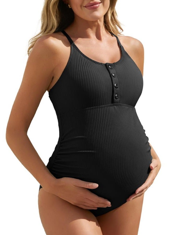Summer Mae Maternity Swimsuit One Piece Bathing Suit Button Neck Cross Back, Black, L - Image 1