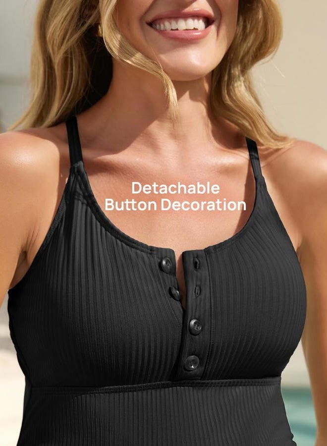 Summer Mae Maternity Swimsuit One Piece Bathing Suit Button Neck Cross Back, Black, L - Image 4