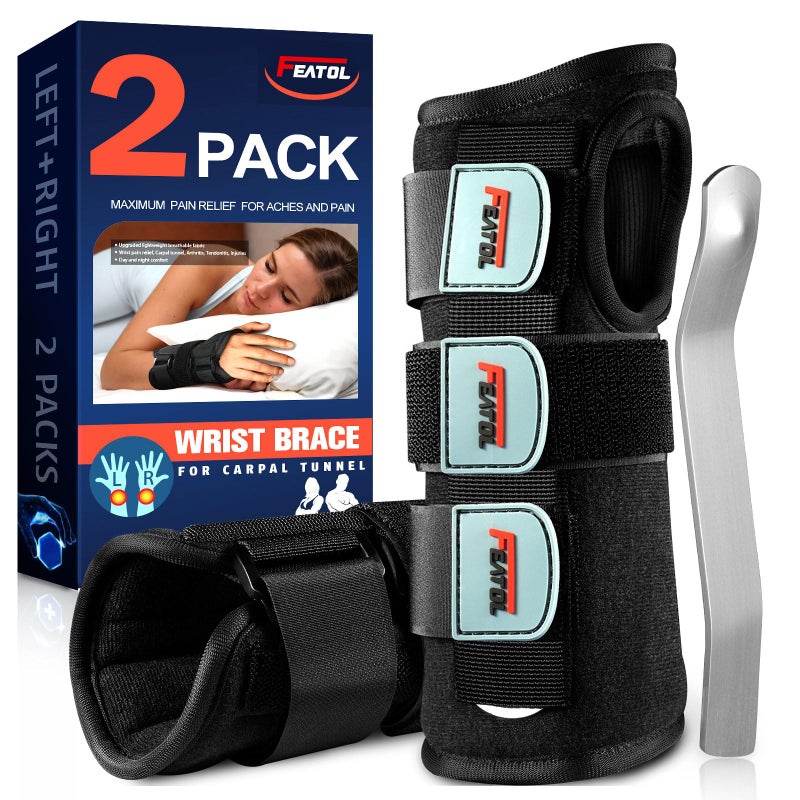 FEATOL Carpal Tunnel Wrist Brace Night Support 2 Pack Wrist Splint for Pain Relief Tendonitis Sprained Arthritis Metal Splint Stabilizer With Hand Brace FOR Sleeping Women Men RightLeftLXL