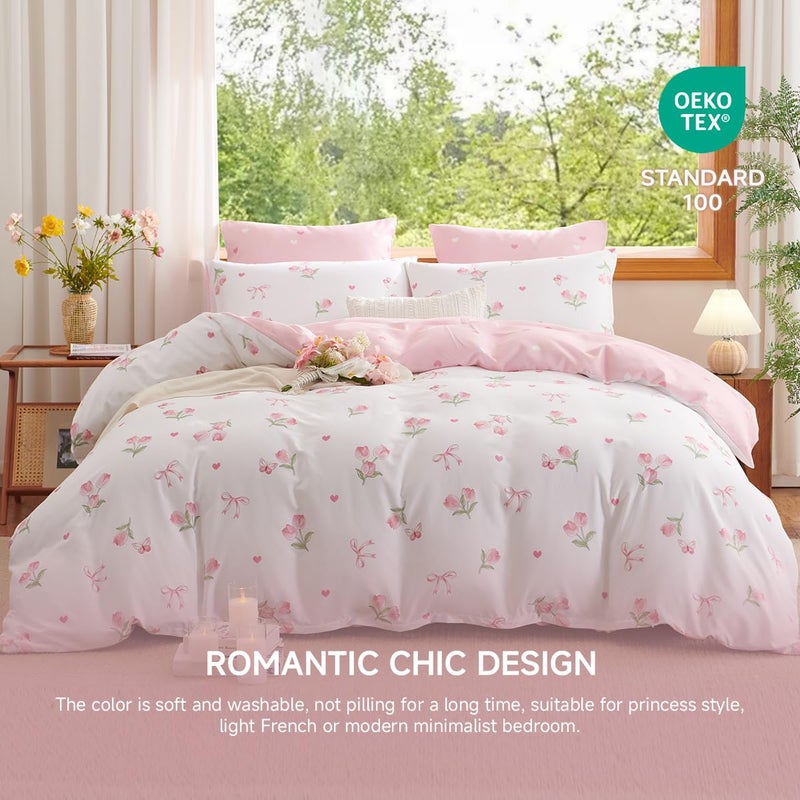 Erwinmu Floral Duvet Cover Set Twin Size,Pink Tulip Bow Ties Reversible Bedding Set with Heart Pattern for Girls Kids,Romantic Microfiber Comforter Cover 2Pcs with Zipper Closure and 1 Pillowcase - Image 3
