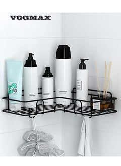 VOGMAX Black bathroom corner shelf, non-perforated installation with side hooks  - Image 1