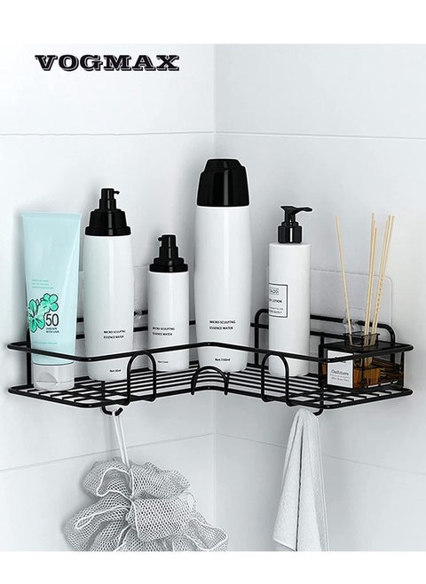 Black bathroom corner shelf, non-perforated installation with side hooks