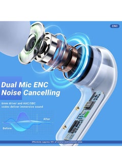 Fearlex Transparent Wireless Earbuds | ENC Bluetooth Headphones | Noise Cancelling Earbuds with Touch Control | Digital LED Display with Crystal Case Earbuds | Waterproof Headphone for Sports  - Image 4