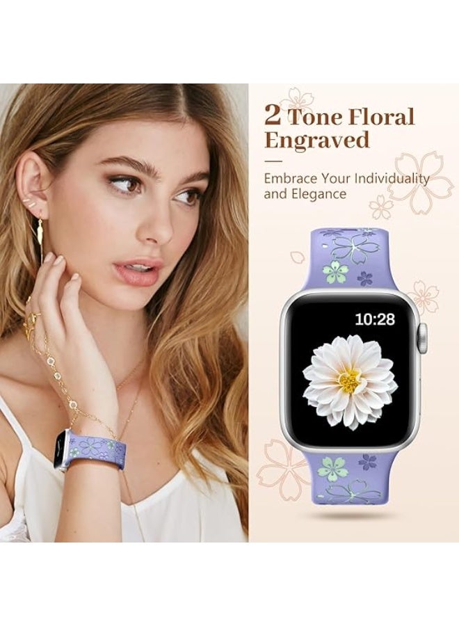 حزام نقش زهور متوافق مع ساعة آبل واتش مقاسات 49mm 45mm 44mm 42mm للنساء، حزام رياضي سيليكون ناعم بتصميم زهور بلونين - Image 3