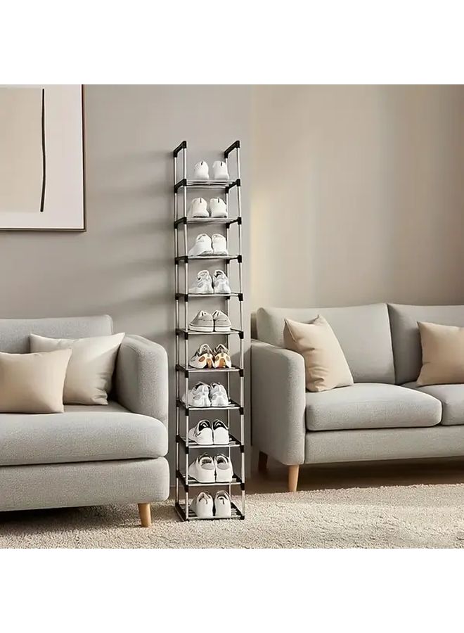 حذاء أسود مكون من 10 طبقات قابل للتكديس حامل أحذية قوي رف تخزين عمودي للممر - Image 4