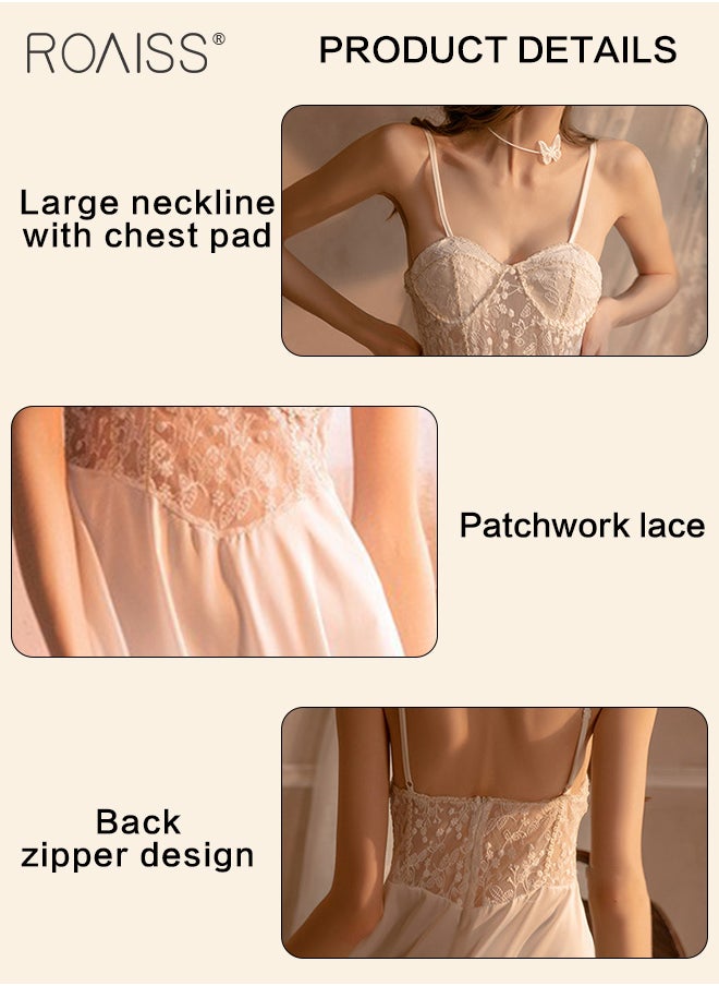 Lace And Satin Spliced Nightgown Women'S V-Neck Sleeveless Suspender Large Skirt Honeymoon Wedding Nightgown