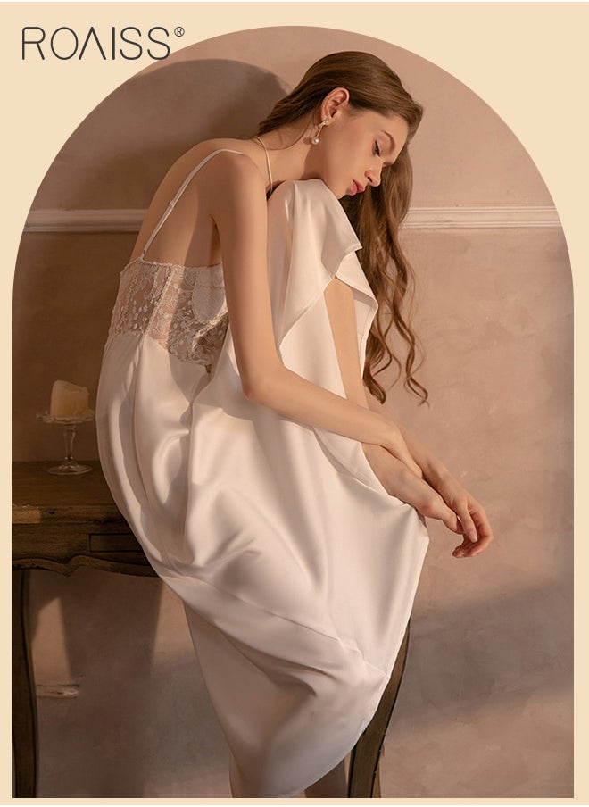 Lace And Satin Spliced Nightgown Women'S V-Neck Sleeveless Suspender Large Skirt Honeymoon Wedding Nightgown