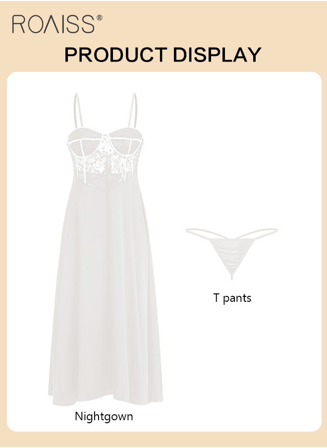 Lace And Satin Spliced Nightgown Women'S V-Neck Sleeveless Suspender Large Skirt Honeymoon Wedding Nightgown