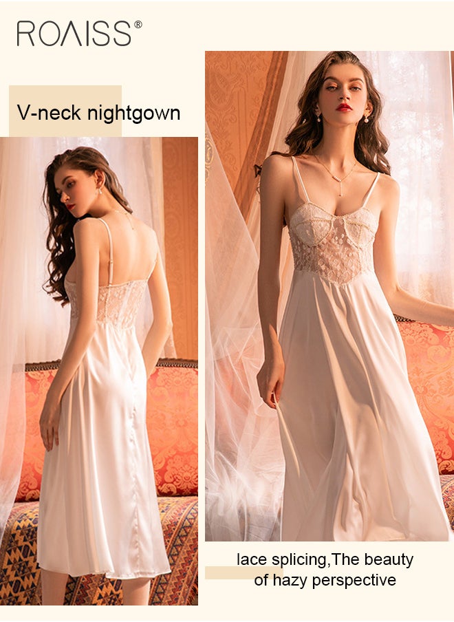 Lace And Satin Spliced Nightgown Women'S V-Neck Sleeveless Suspender Large Skirt Honeymoon Wedding Nightgown