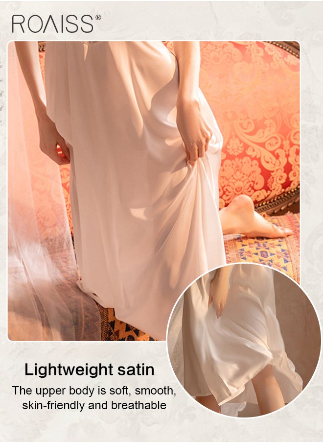 Lace And Satin Spliced Nightgown Women'S V-Neck Sleeveless Suspender Large Skirt Honeymoon Wedding Nightgown