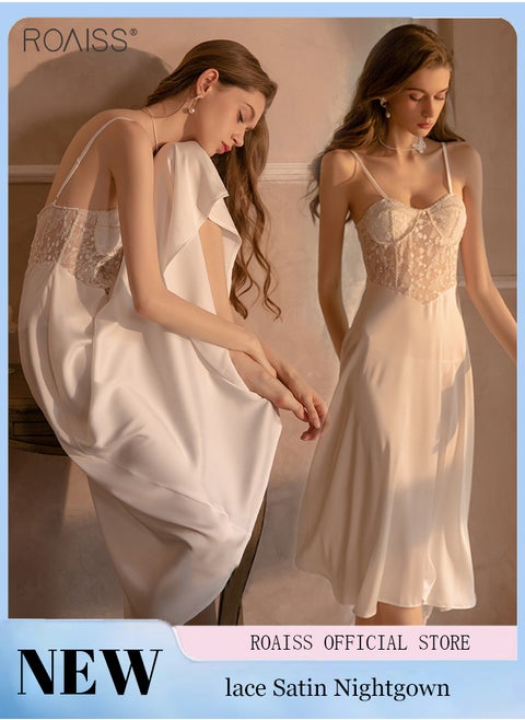Lace And Satin Spliced Nightgown Women'S V-Neck Sleeveless Suspender Large Skirt Honeymoon Wedding Nightgown