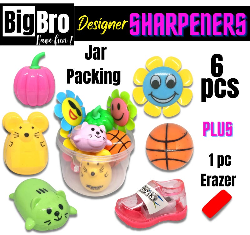 BigBro Sharpeners for Kids Fancy Cute Animal Cartoon Shape Pencil Sharpener School Stationery for Girls Boys Birthday Return Gift for Children (Set of 6 in a Jar Plus 1 Erazer) - Image 2