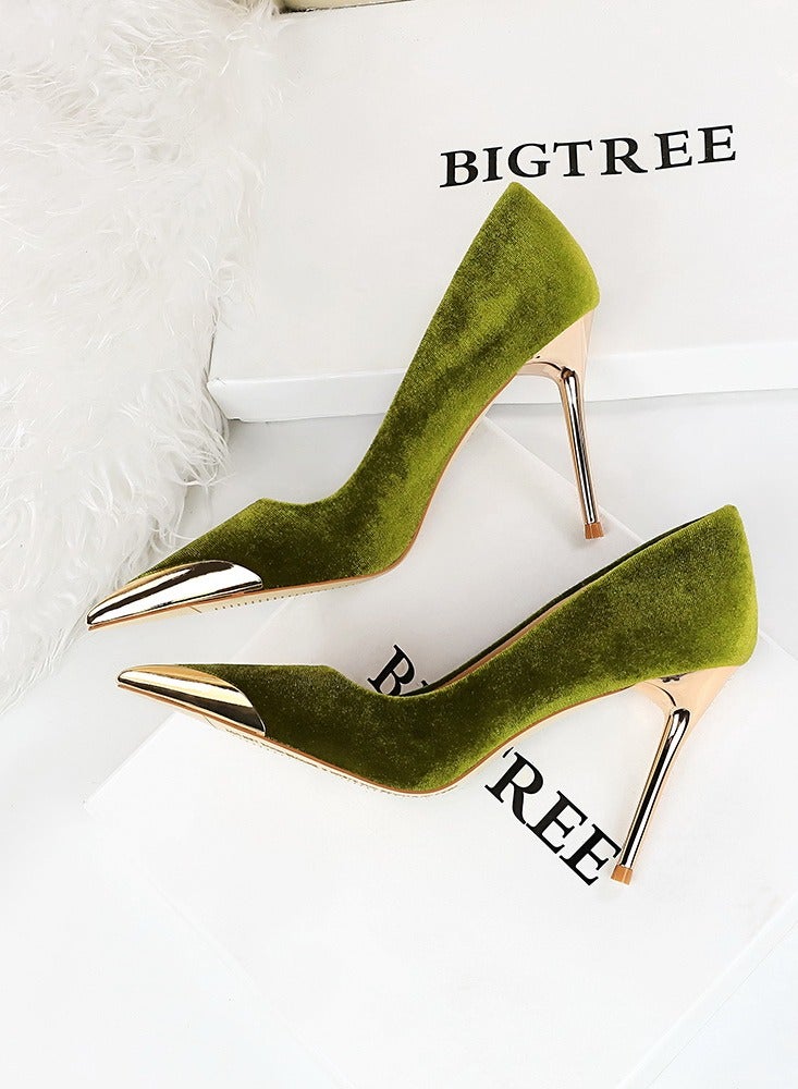 BIGTREE Women's Elegant Velour Stiletto Pumps 10 CM Fashion Gorgeous Closed Metal Pointed Toe Slip On Solid High Heels Green - Image 3