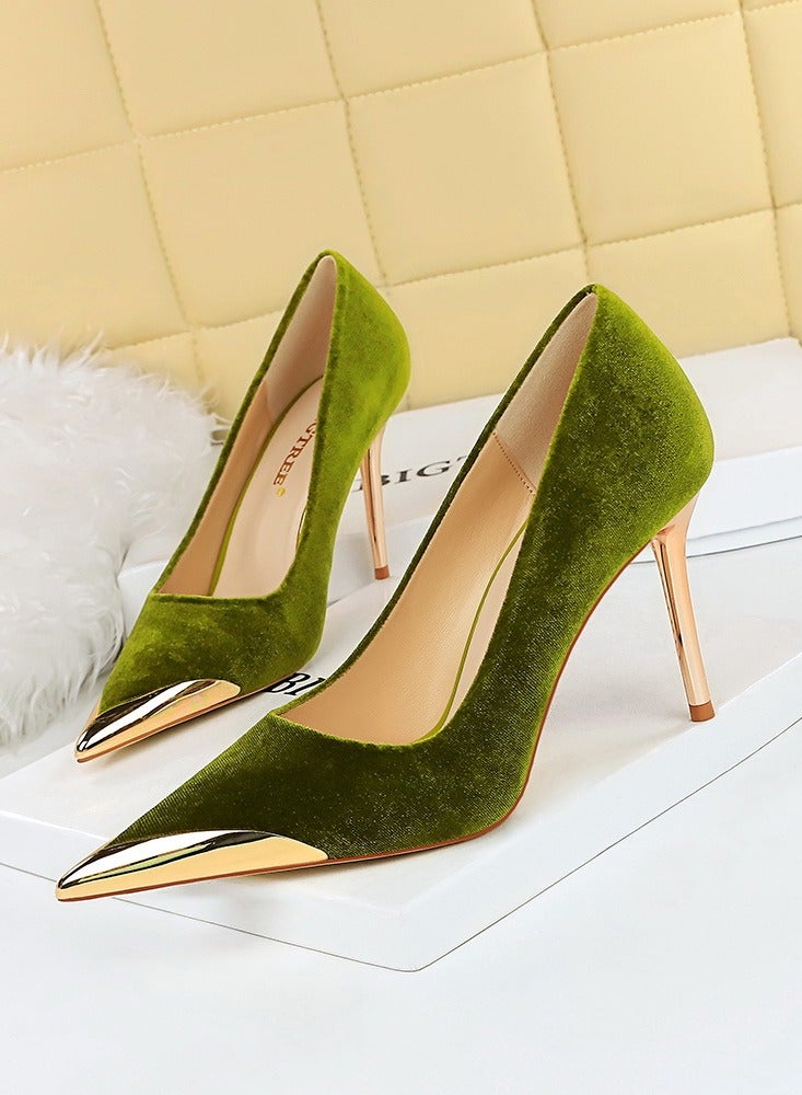 BIGTREE Women's Elegant Velour Stiletto Pumps 10 CM Fashion Gorgeous Closed Metal Pointed Toe Slip On Solid High Heels Green - Image 1