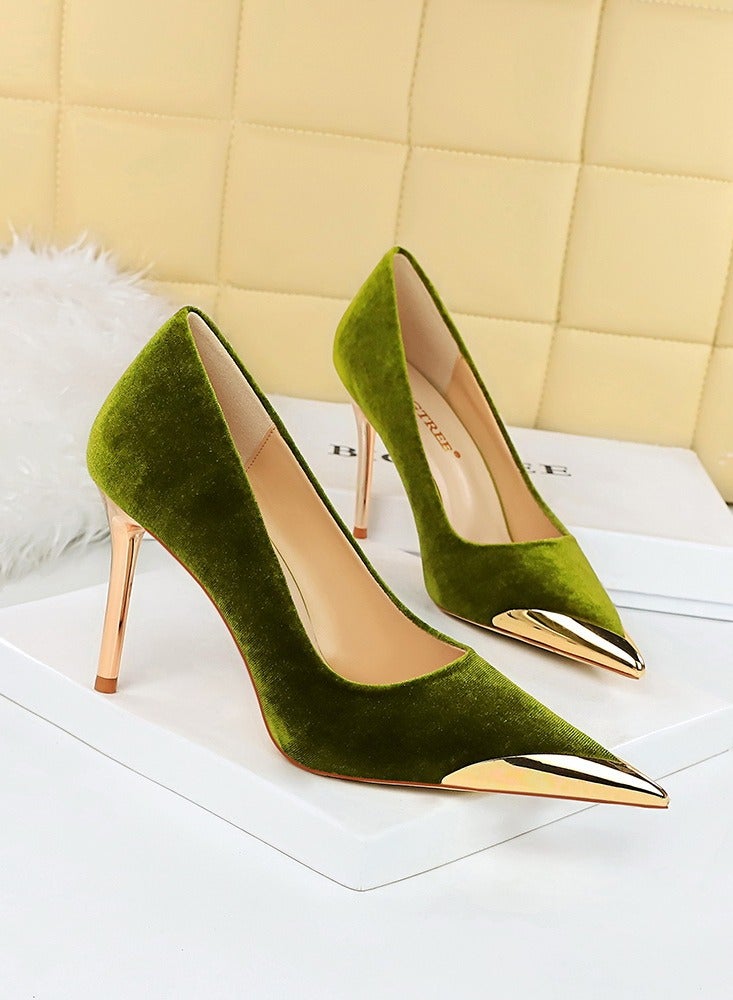 BIGTREE Women's Elegant Velour Stiletto Pumps 10 CM Fashion Gorgeous Closed Metal Pointed Toe Slip On Solid High Heels Green - Image 2